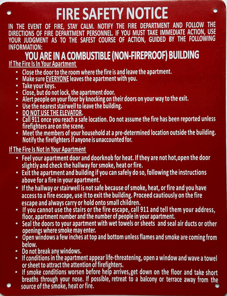 Sign HPD NYC LOBBY FIRE SAFETY NOTICE NON FIRE PROOF BUILDING/FDNY LOOBY FIRE SAFETY NOTICE NON FIRE PROOF BUILDING