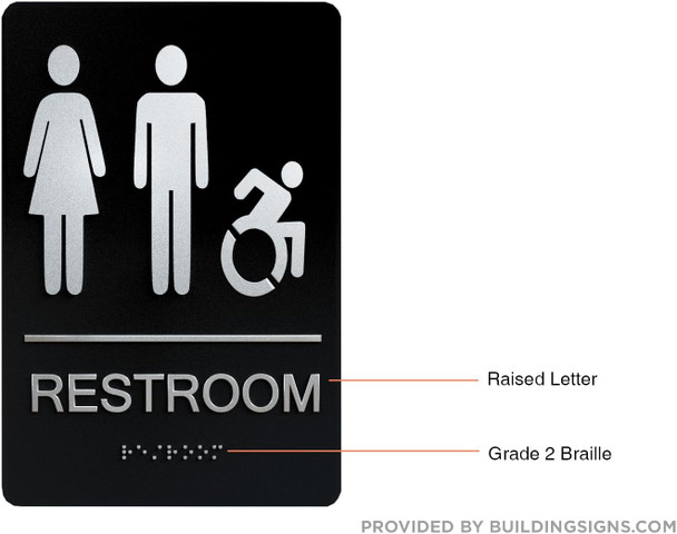 RESTROOM  Tactile Graphics Grade 2 Braille Text with raised letters Sign