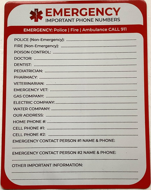 Signage  Emergency Important Phone Numbers - in Case of Emergency Fridge Magnet with Marker