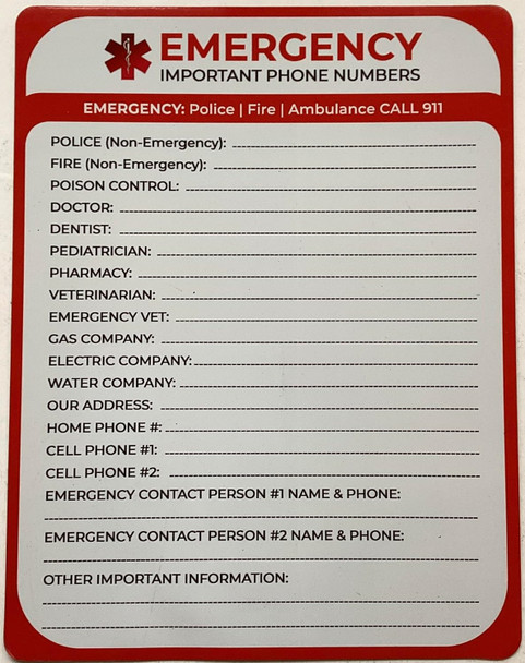 Emergency Important Phone Numbers - in Case of Emergency Fridge Magnet with Marker Signage