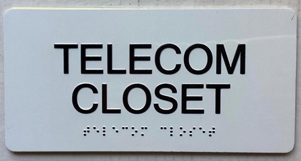 Signage Telecom Closet  with Raised letters/Image & Grade 2 Braille - Includes Red Adhesive pad for Easy Installation (White) - The sensation line