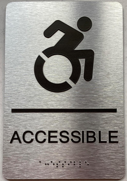 Sign ACCESSIBLE  with Raised letters/Image & Grade 2 Braille - Includes Red Adhesive pad for Easy Installation ( Brushed Aluminum/silver, Tacticle ) - The park Ave Line