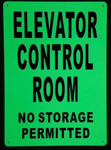 ELEVATOR CONTROL ROOM NO STORAGE PERMITTED SIGN - PHOTOLUMINESCENT GLOW ...