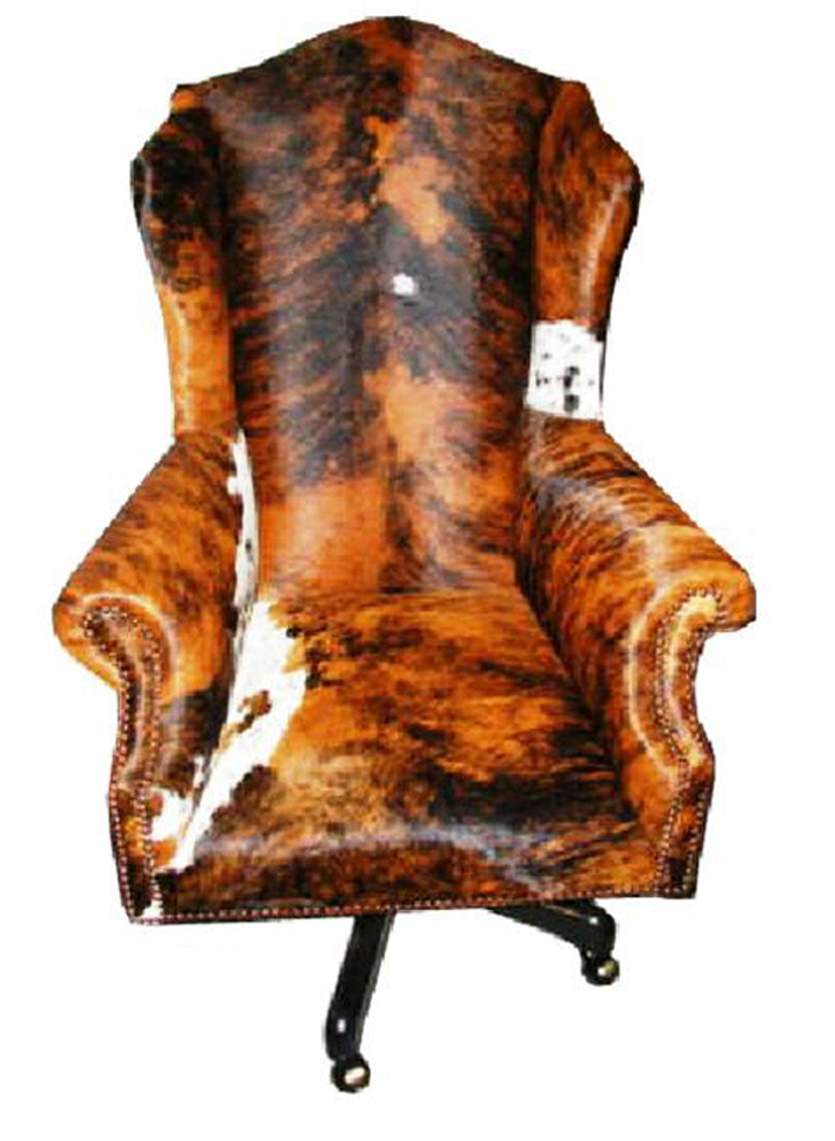 Cowhide Wingback Executive Swivel Desk Chair - Rustic Cowhide Furniture