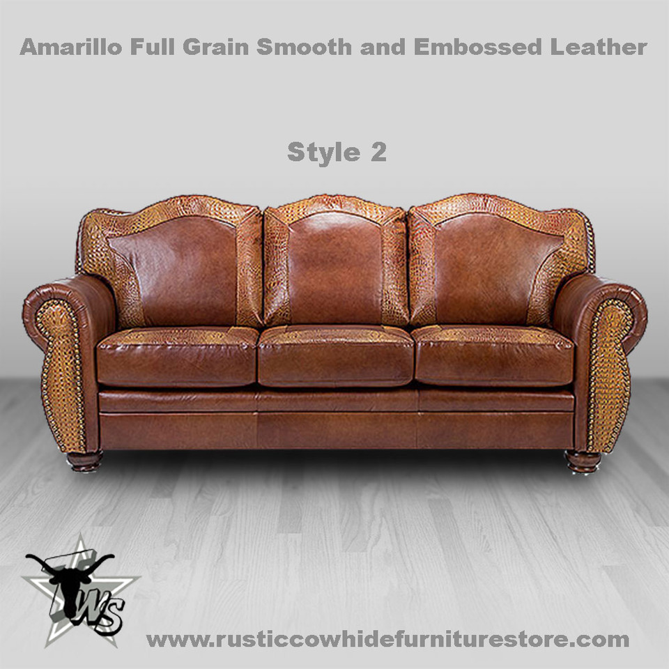 Wild West Cowhide and Hand Stamped Genuine Full Grain Leather Sofa