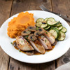 Chicken Marsala dinner with sautéed mushrooms, brown rice, and zucchini
