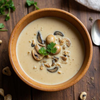 Creamy cream of mushroom soup in a bowl from the SendaMeal vegetarian meal bundle