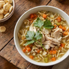 Chicken Noodle Soup with tender chicken, soft egg noodles and vegetables, high-protein classic post surgery recovery soup