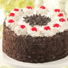 Whole 8-inch Black Forest cake with dark chocolate layers, cherry filling, whipped kirsch frosting, chocolate curls, and candied cherries on top - SendaMeal