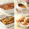 Holiday Essentials Sides Sampler featuring Sweet Potato Casserole with pecans, traditional herb stuffing, homestyle turkey gravy, and golden dinner rolls delivered frozen by SendaMeal.