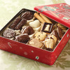 Open Holiday Cookie Tin with assorted chocolate-coated cookies, wafers and shortbread.