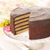 Smith Island Cake with a slice removed, showing alternating yellow cake layers and chocolate fudge icing.