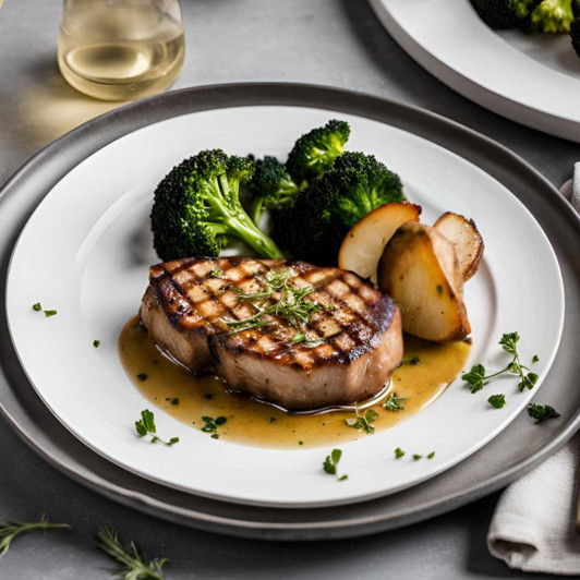 Grilled center-cut pork chop dinner with pork jus, roasted potatoes, and broccoli