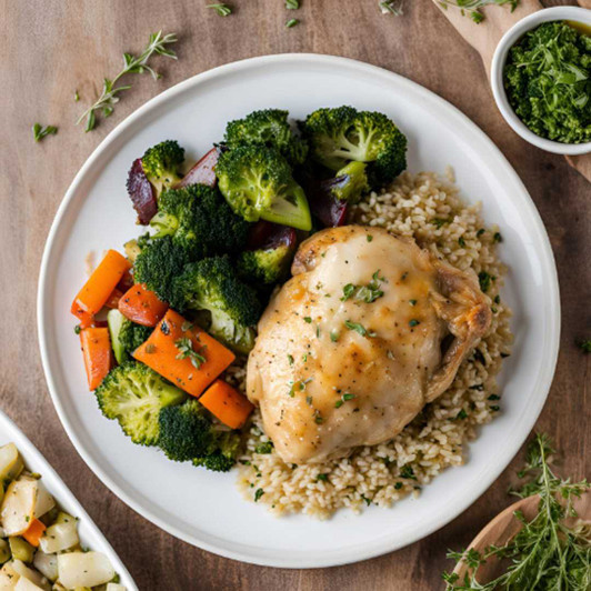 Roasted chicken thigh dinner with brown rice and mixed vegetables