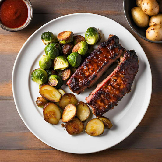 Dry Rub Baby Back Rib Dinner with boneless dry rub ribs, roasted red potatoes, and Brussels sprouts.