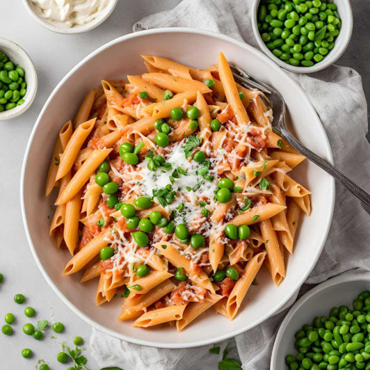 Penne vodka pasta in creamy tomato sauce with peas and Parmesan, individually packaged prepared meal.
