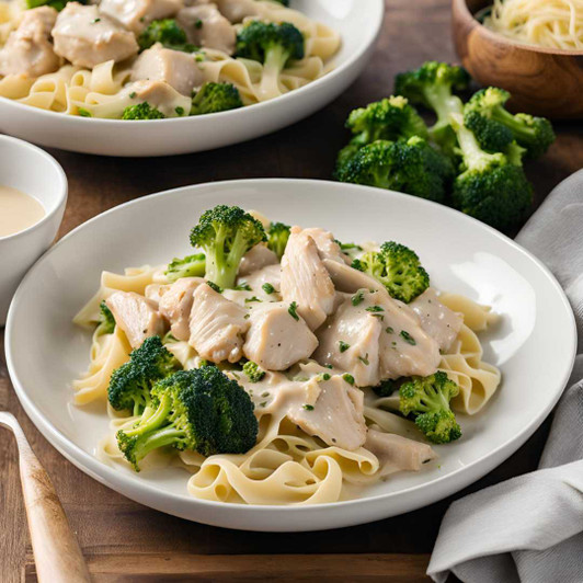 Chicken and Broccoli Fettuccine Alfredo with roasted chicken breast, fettuccine pasta, Parmesan cream sauce, and broccoli.