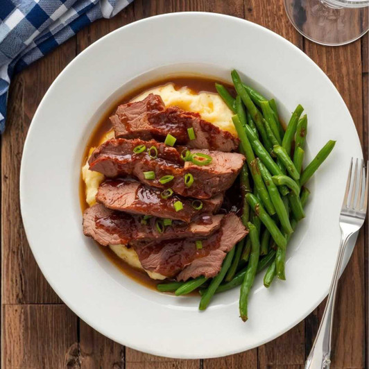 Homestyle brisket dinner with sliced beef brisket, mashed Yukon potatoes, and green beans.