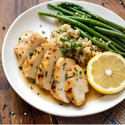 Grilled chicken dinner with herb-seasoned chicken breast, brown rice, and green beans.