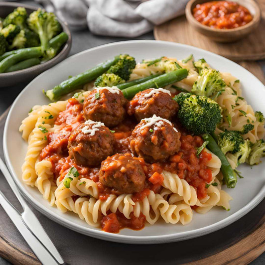 Beef meatballs marinara with rotini pasta, Parmesan cheese, and Italian-style mixed vegetables.