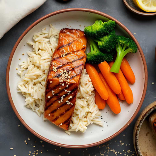 Asian sesame salmon dinner with pan-seared salmon, white rice, cauliflower, broccoli, and carrots.