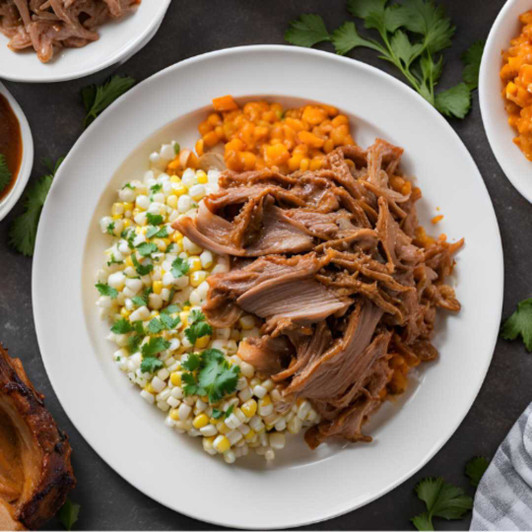 BBQ pulled pork dinner with slow-roasted pulled pork, mashed sweet potatoes, and sweet corn.