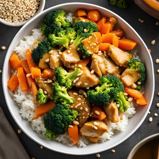 Chicken teriyaki bowl with sauteed chicken, white rice, broccoli, and carrots.