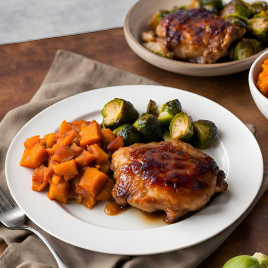 BBQ chicken thigh dinner with mashed sweet potatoes and roasted Brussels sprouts.
