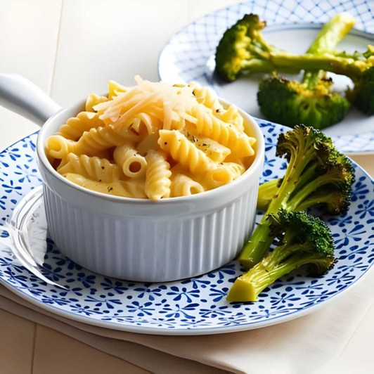 Smoked Gouda mac and cheese with cavatappi noodles, melted cheese sauce, shredded smoked Gouda, and roasted broccoli.