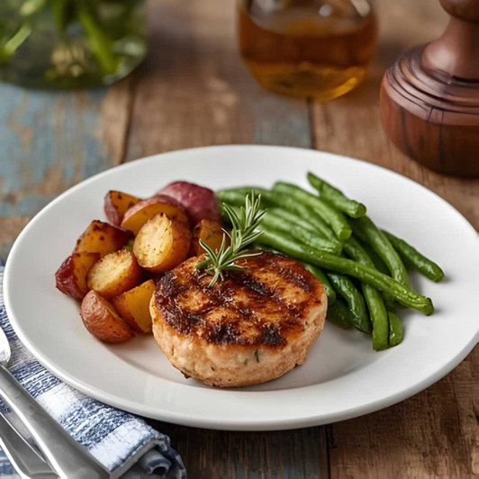 Salmon burger meal with herb roasted red potatoes and green beans. SendaMeal.com