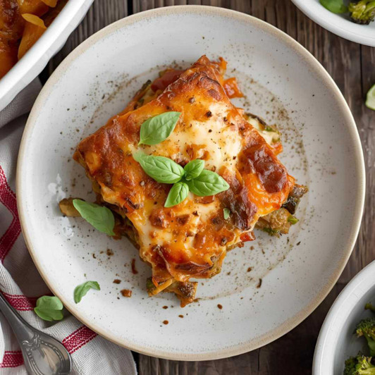 Vegetable lasagna dinner with roasted broccoli, marinara sauce, and melted cheese. SendaMeal.com