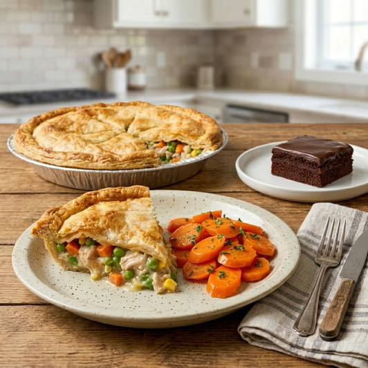 Chicken Pot Pie Family Dinner with family-size chicken pot pie, buttered carrots, and chocolate fudge brownies