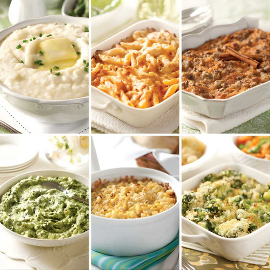 Gourmet Side Dish Sampler holiday dinner side dishes featuring mashed potatoes, mac and cheese, sweet potato casserole, creamed spinach, creamed corn, and broccoli gratin