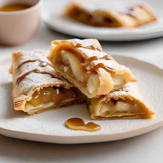 Apple strudel dessert with flaky pastry, apple filling, caramel sauce, and whipped cream. SendaMeal.com