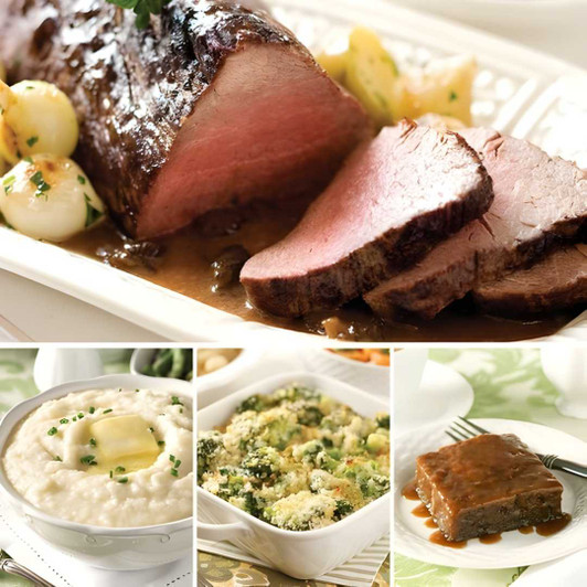 Chateaubriand Dinner bundle featuring sliced center-cut beef tenderloin roast, crème fraîche mashed potatoes, broccoli-parmesan gratin, and sticky toffee pudding dessert by Send A Meal