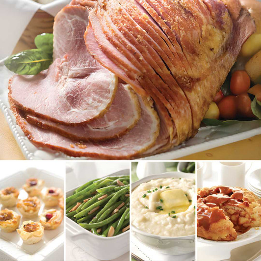 Artisan Spiral Sliced Ham Complete Dinner delivered by SendaMeal - featuring glazed spiral ham, caramelized onion feta pastries, crème fraîche mashed potatoes, green bean almondine, and caramel apple pie serving 8-10