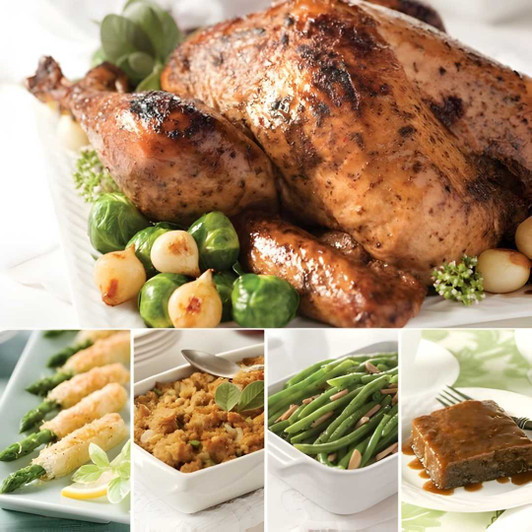 Roasted Turkey Complete Dinner bundle featuring whole herb-roasted turkey, stuffing, asparagus asiago spears, green bean almondine, gravy, and sticky toffee pudding - Serves 8-10