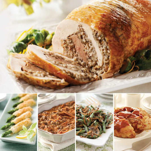 Turducken Roast Complete Dinner bundle featuring sliced turkey duck chicken roast, asparagus asiago appetizers, sweet potato casserole, green bean casserole, and caramel apple pie
