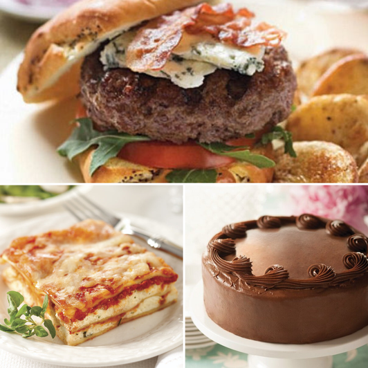 Happy Birthday Celebration Bundle from SendaMeal.com with dry-aged burgers, cheese lasagna, and an 8 inch gourmet cake that serves 8