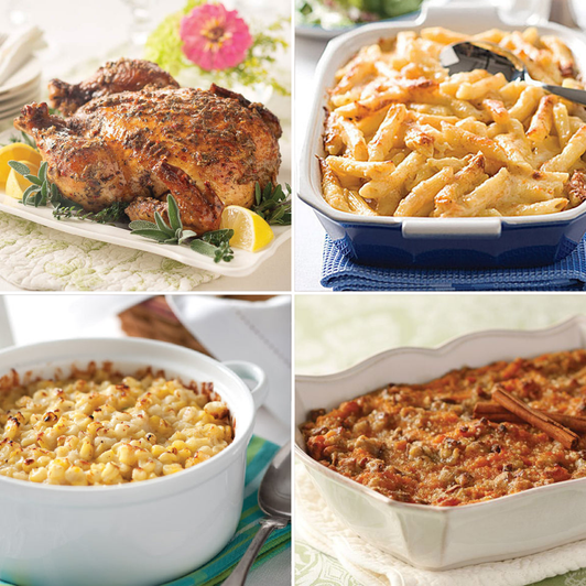 Sympathy Meal Gift Bundle from SendaMeal.com featuring Italian herb chicken roaster, casseroles, and dinner rolls that serve 6
