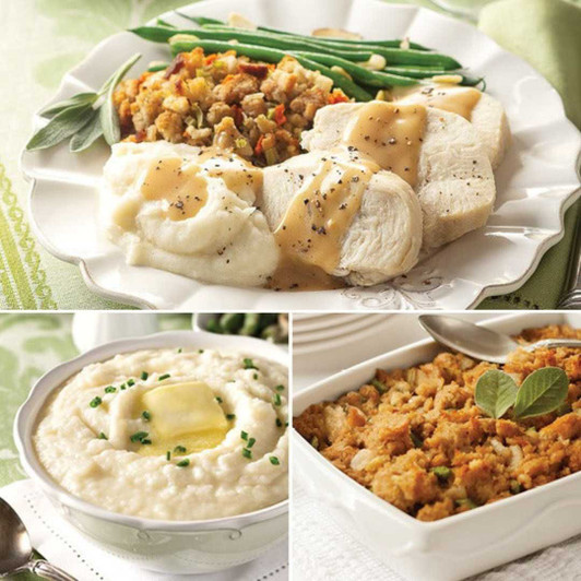 Sliced Turkey Breast Dinner with homestyle herb stuffing, creamy mashed potatoes, and savory turkey gravy delivered in a gift box