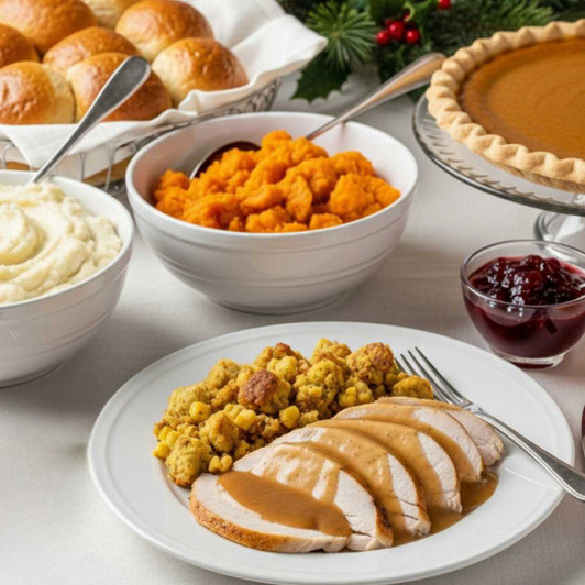 Holiday Turkey Dinner from SendaMeal.com with sliced turkey and gravy, apple sage stuffing, mashed potatoes, mashed sweet potatoes, orange cranberry sauce, and dinner rolls
