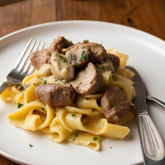 Beef Stroganoff dinner – tender beef and fettuccine in creamy mushroom sauce, chef-prepared meal from SendaMeal.com
