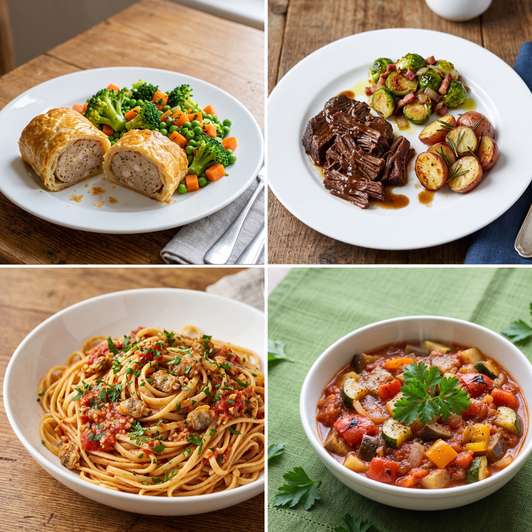 New Family Bundle frozen meals including Brussels sprouts with bacon, baby clam linguini marinara, Toad in the Hole sausage pastry, and sliced French bread