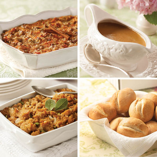 Holiday Essentials Sides Sampler featuring Sweet Potato Casserole with pecans, traditional herb stuffing, homestyle turkey gravy, and golden dinner rolls delivered frozen by SendaMeal.