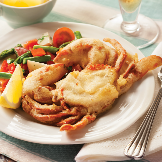 Tempura Soft Shell Crabs – 8 prime crispy tempura-battered soft shell crabs plated and ready to serve