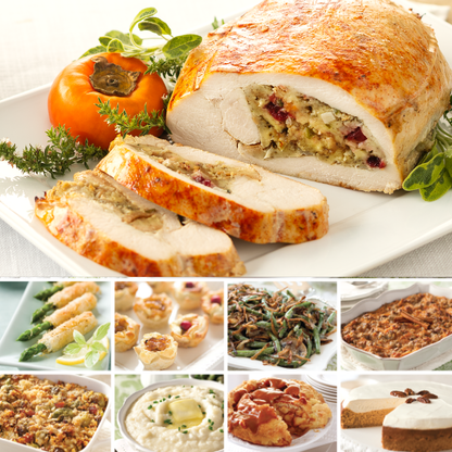 Large Stuffed Turkey Roast Complete Holiday Dinner feast including two boneless turkey roasts with stuffing, four side casseroles, appetizers, and desserts delivered by SendaMeal