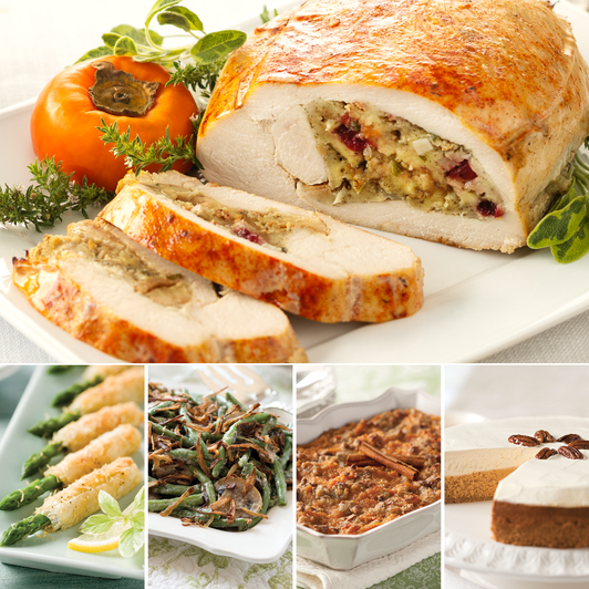 Stuffed Turkey Roast Complete Dinner medium feast serving 8-10 with sliced cranberry apple stuffed turkey breast, sweet potato casserole, green bean casserole, asparagus asiago appetizers, gravy, and pumpkin cheesecake.