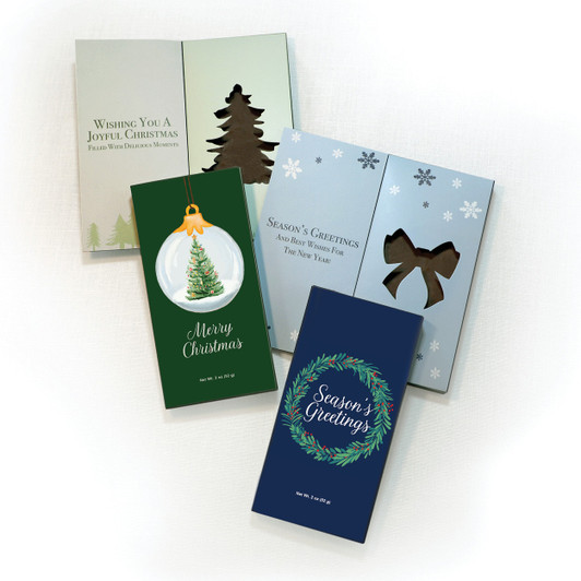 Chocolate holiday card covers and greeting panels; bundle contains four cards in the selected greeting.