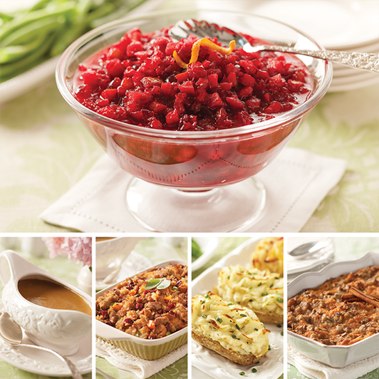 Five-side holiday collection pictured with cranberry-orange relish, gravy, stuffing, twice-baked potatoes and sweet potato casserole.